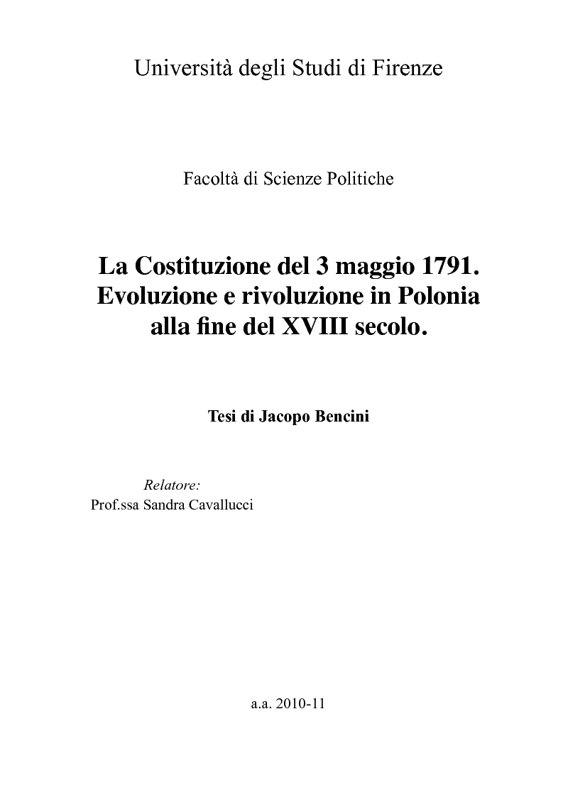 Anteprima della tesi: La Costituzione del 3 maggio 1791. Evoluzione e rivoluzione in Polonia alla fine del XVIII secolo., Pagina 1