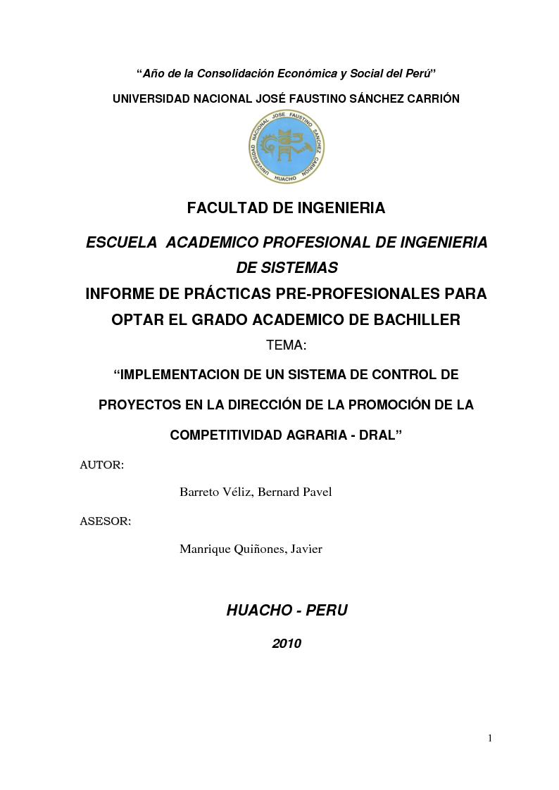 Anteprima della tesi: Implementacion de un Sistema de Control de Proyectos en la Dirección de la Promoción de la Competitividad Agraria - Dral, Pagina 1