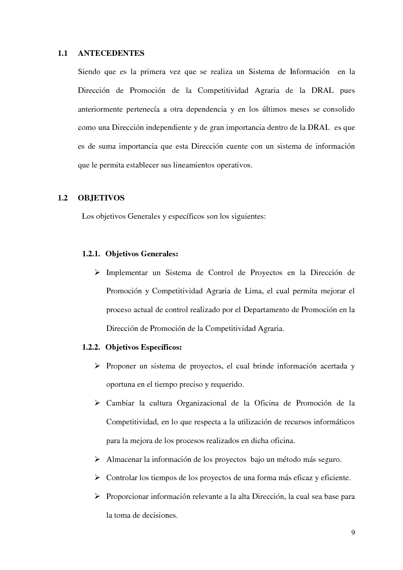 Anteprima della tesi: Implementacion de un Sistema de Control de Proyectos en la Dirección de la Promoción de la Competitividad Agraria - Dral, Pagina 5