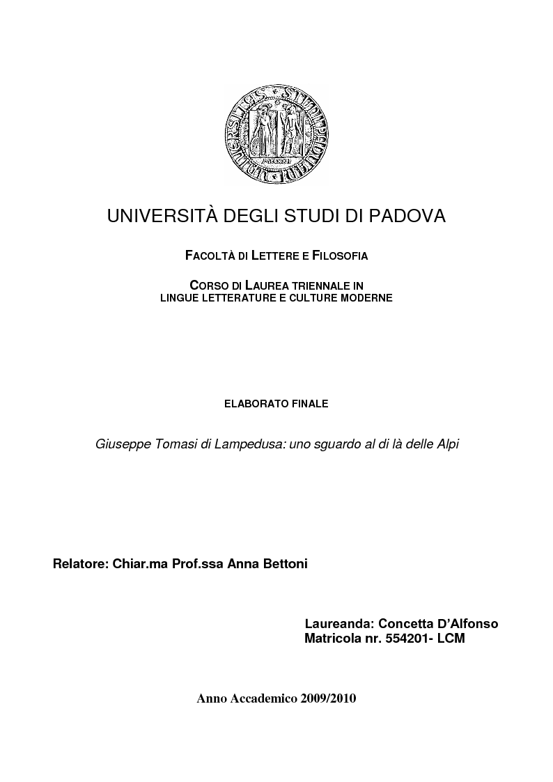 Anteprima della tesi: Giuseppe Tomasi di Lampedusa: uno sguardo al di là delle Alpi, Pagina 1
