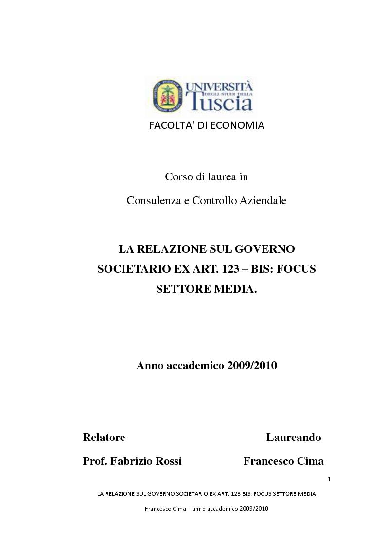 Anteprima della tesi: La relazione sul governo societario ex. art. 123-bis: focus settore media, Pagina 1