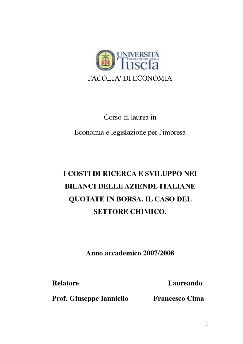 Anteprima della tesi: I costi di ricerca e sviluppo nei bilanci delle aziende italiane quotate in borsa. Il caso del settore chimico., Pagina 1