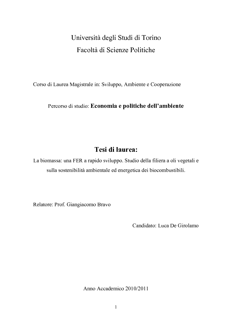Anteprima della tesi: La biomassa: una FER a rapido sviluppo. Studio della filiera a oli vegetali e sulla sostenibilità ambientale ed energetica dei biocombustibili., Pagina 1