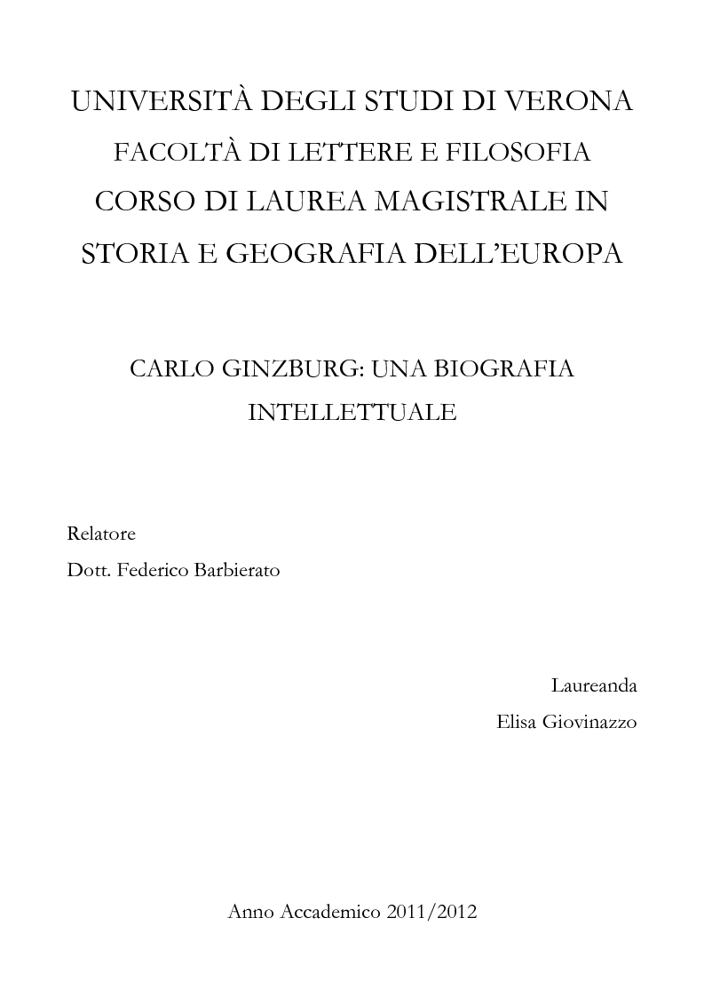 Anteprima della tesi: Carlo Ginzburg: una biografia intellettuale, Pagina 1