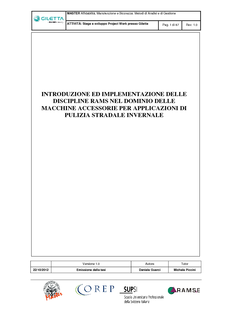 Anteprima della tesi: Introduzione ed implementazione delle discipline RAMS nel dominio delle macchine accessorie per applicazioni di pulizia stradale invernale, Pagina 1