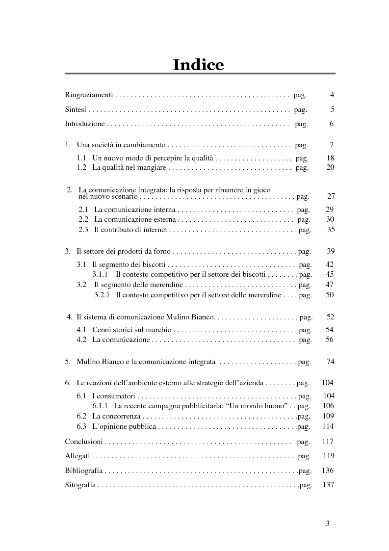 Indice della tesi: Mulino Bianco e la capacità di individuare e soddisfare un bisogno latente - L’uso della comunicazione integrata per mantenere e potenziare la brand image in un’epoca di cambiamento, Pagina 1