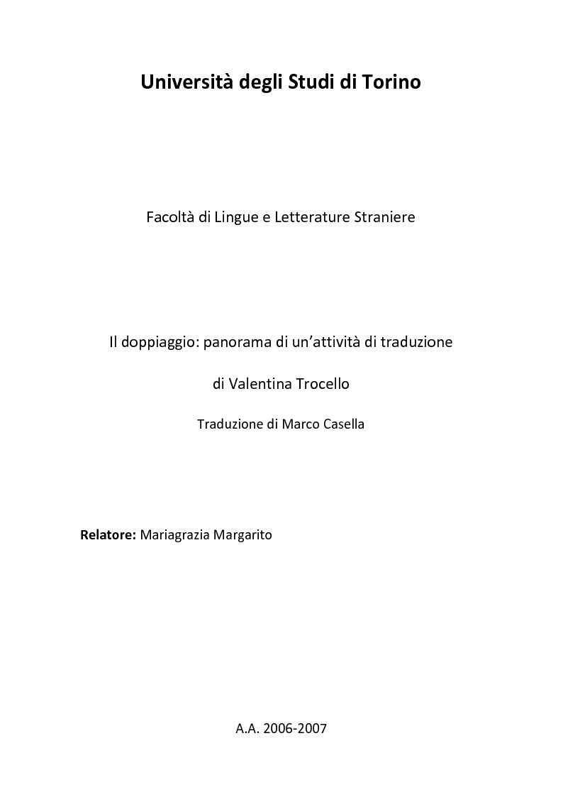Anteprima della tesi: Il doppiaggio: panorama di un’attività di traduzione, Pagina 1