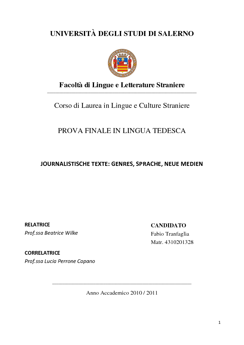 Anteprima della tesi: Journalistische Texte: Genres, Sprache, Neue Medien, Pagina 1