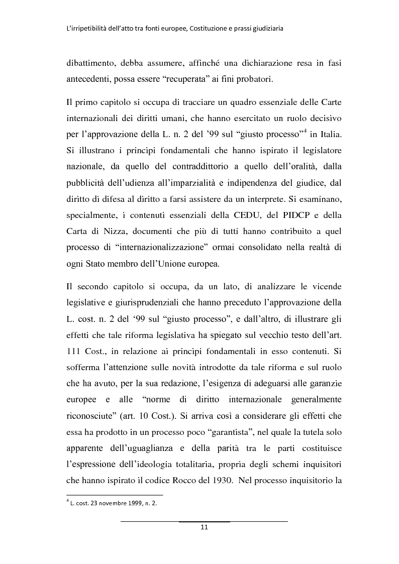 Anteprima della tesi: L'irripetibilità dell'atto tra fonti europee, Costituzione e prassi giudiziaria, Pagina 3