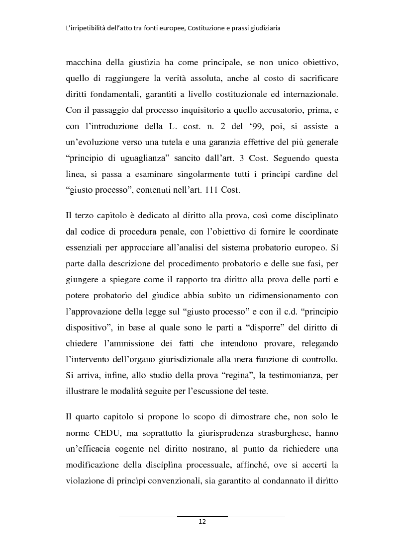 Anteprima della tesi: L'irripetibilità dell'atto tra fonti europee, Costituzione e prassi giudiziaria, Pagina 4