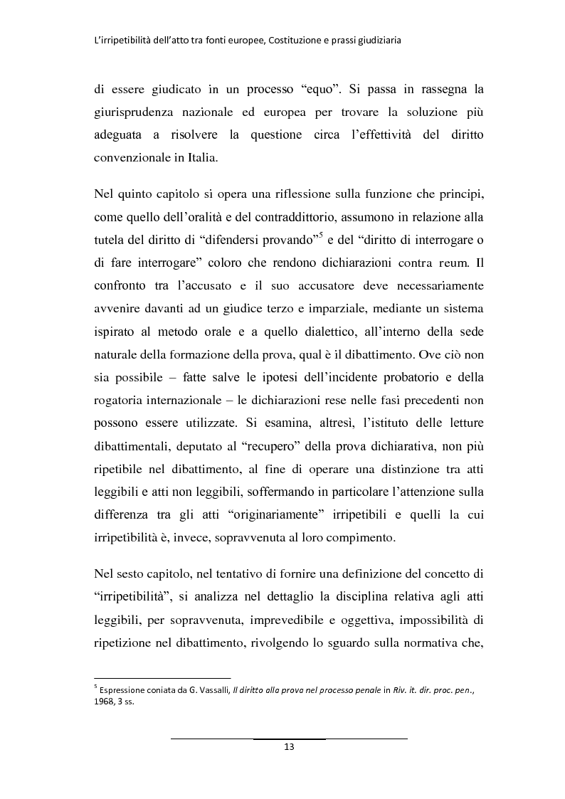 Anteprima della tesi: L'irripetibilità dell'atto tra fonti europee, Costituzione e prassi giudiziaria, Pagina 5