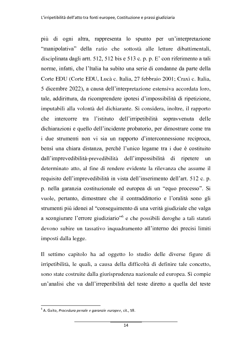 Anteprima della tesi: L'irripetibilità dell'atto tra fonti europee, Costituzione e prassi giudiziaria, Pagina 6