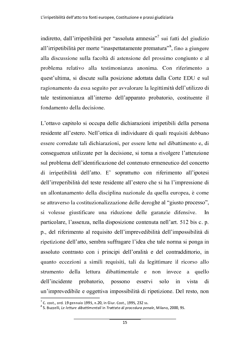 Anteprima della tesi: L'irripetibilità dell'atto tra fonti europee, Costituzione e prassi giudiziaria, Pagina 7