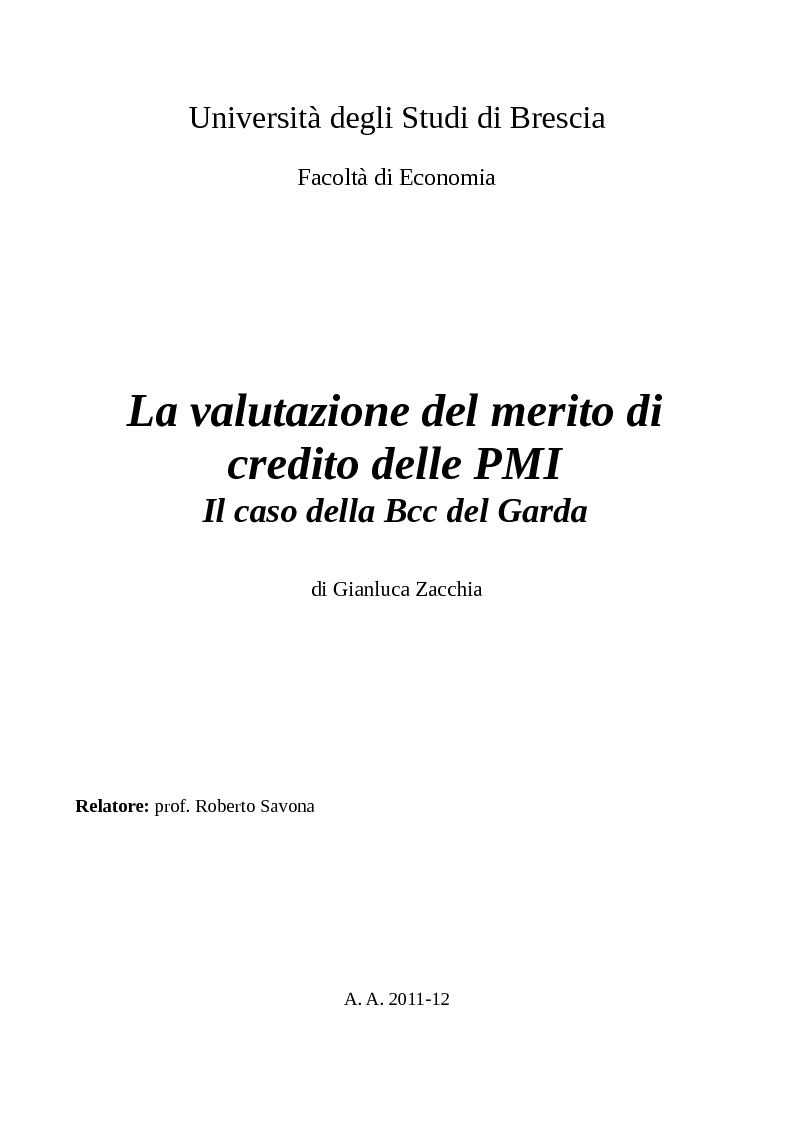Anteprima della tesi: La valutazione del merito di credito delle PMI. Il caso della Bcc del Garda, Pagina 1