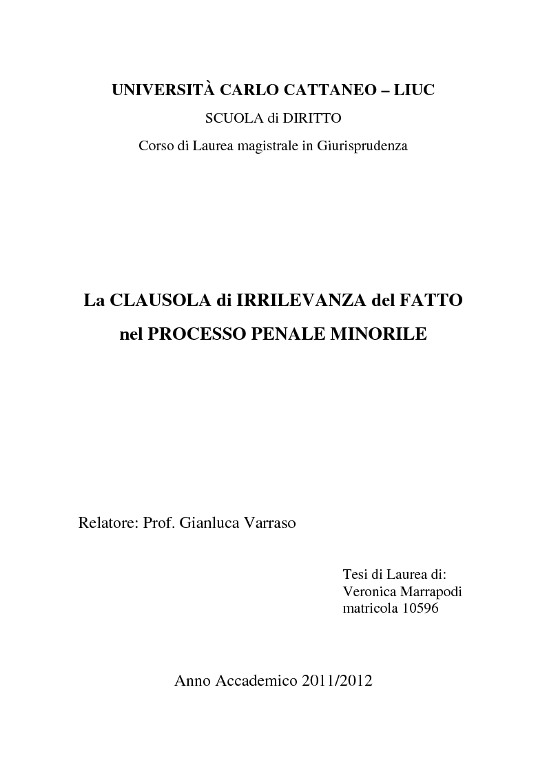 Anteprima della tesi: La clausola di irrilevanza del fatto nel processo penale minorile, Pagina 1