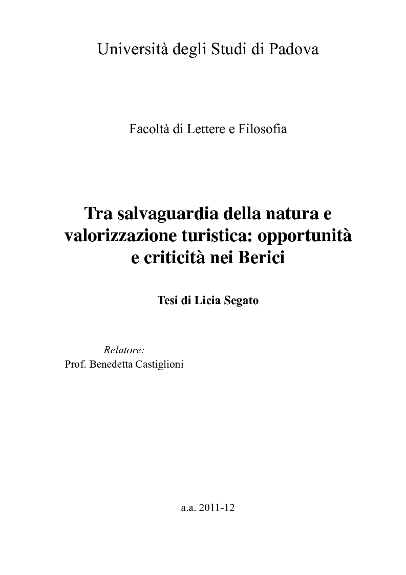 Anteprima della tesi: Tra salvaguardia della natura e valorizzazione turistica: opportunità e criticità nei Berici, Pagina 1
