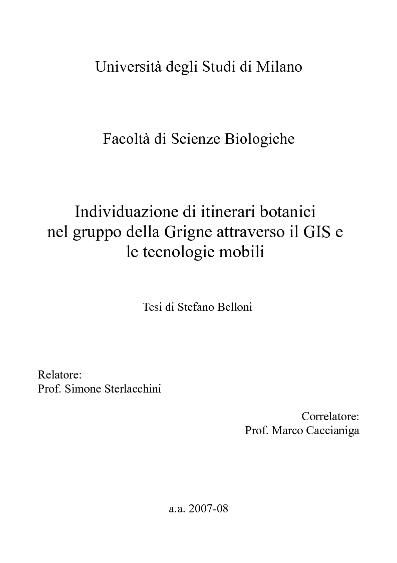 Anteprima della tesi: Individuazione di itinerari botanici nel gruppo della Grigne attraverso il GIS e le tecnologie mobili, Pagina 1