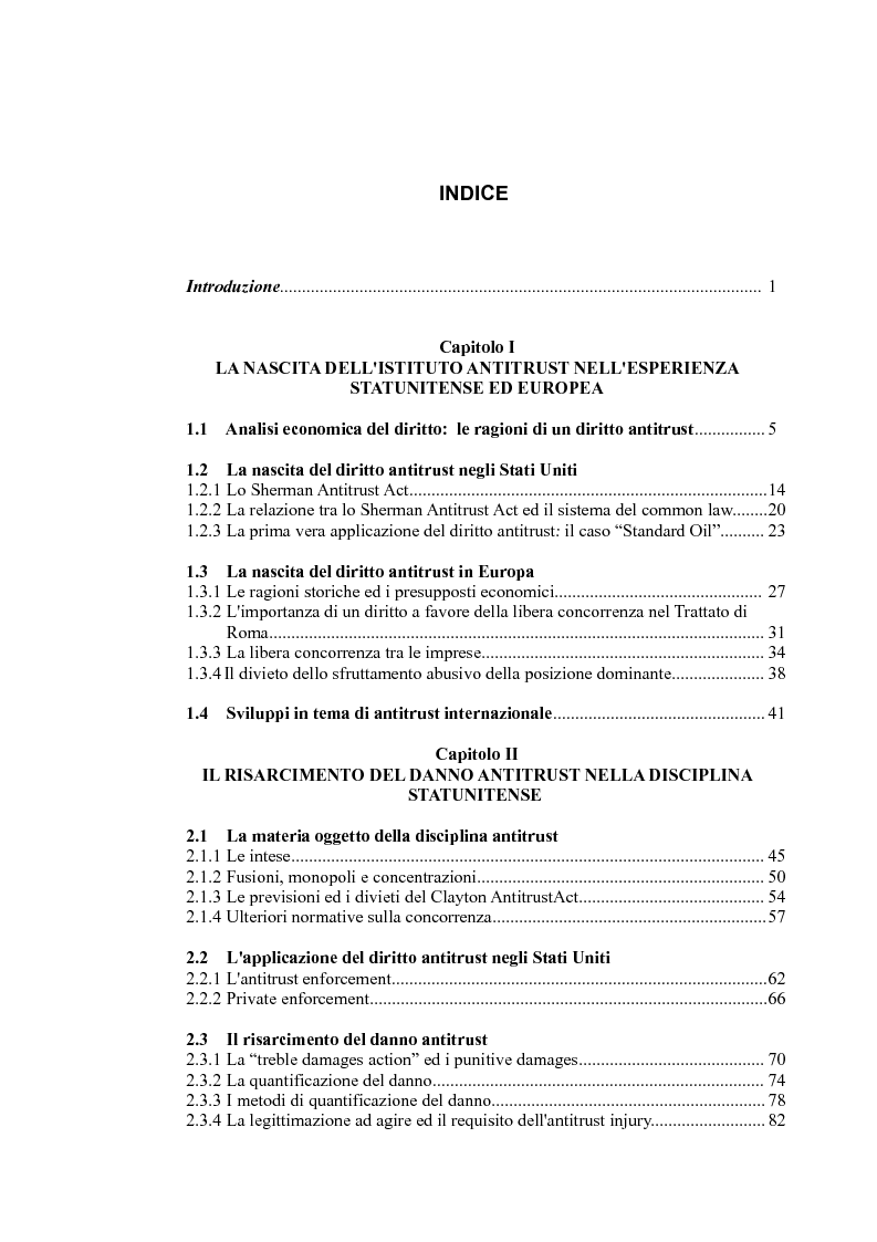 Indice della tesi: Antitrust Private Enforcement: Stati Uniti e Unione Europea a confronto, Pagina 1