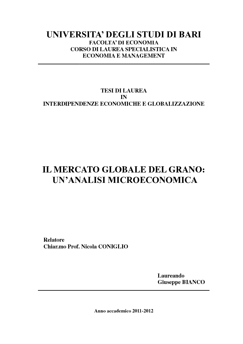 Anteprima della tesi: Il mercato globale del grano: un'analisi microeconomica, Pagina 1