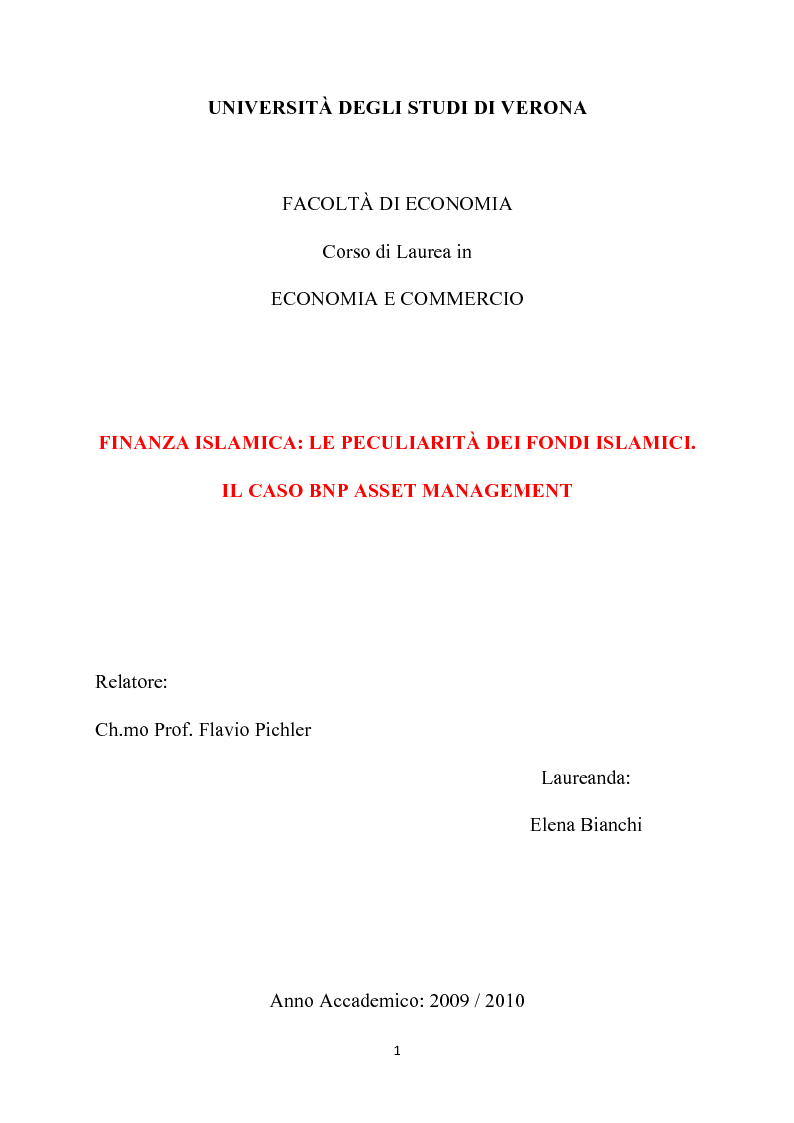 Anteprima della tesi: Finanza islamica: le peculiarità dei fondi islamici; il caso BNP Asset Management., Pagina 1