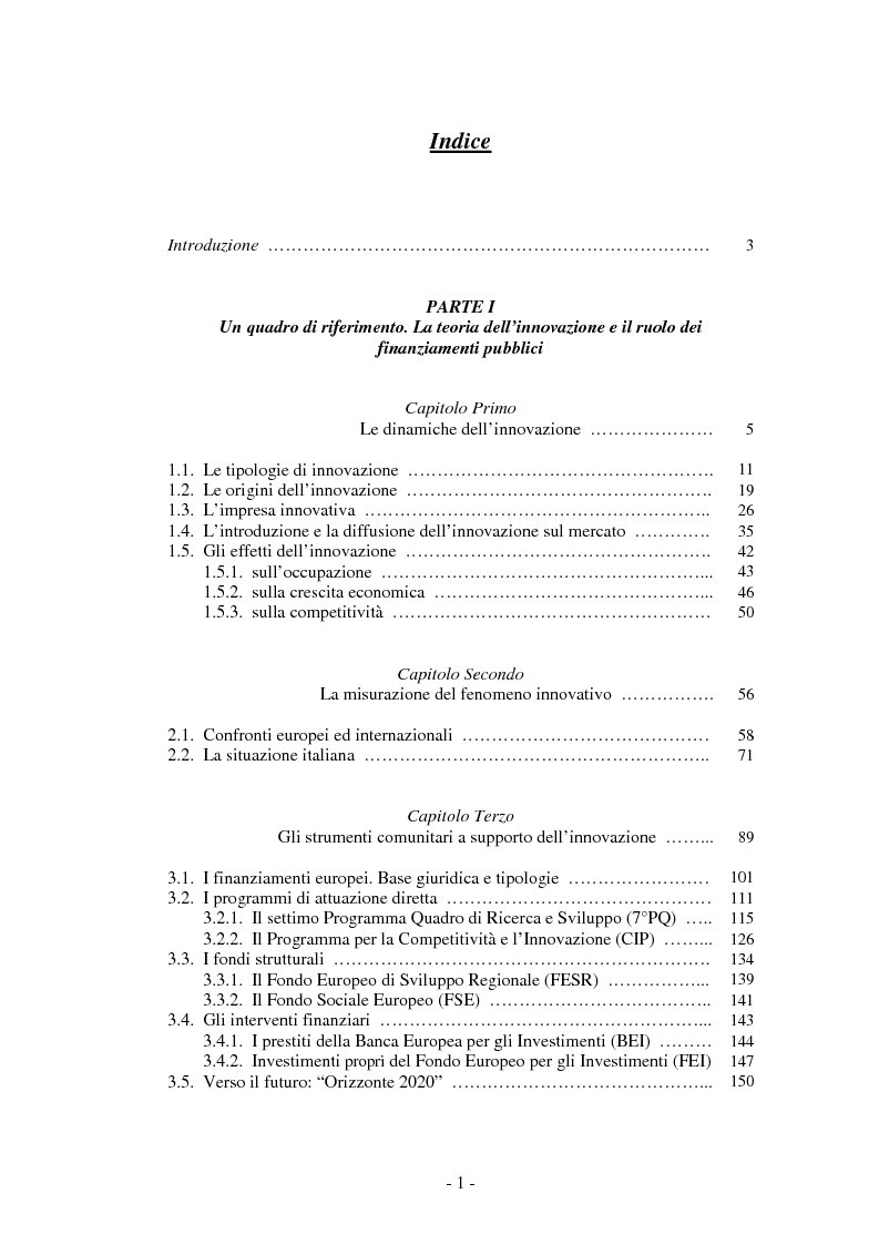 Indice della tesi: Il ruolo dei fondi pubblici nel finanziamento all'innovazione. Il caso della E++ S.r.l., Pagina 1