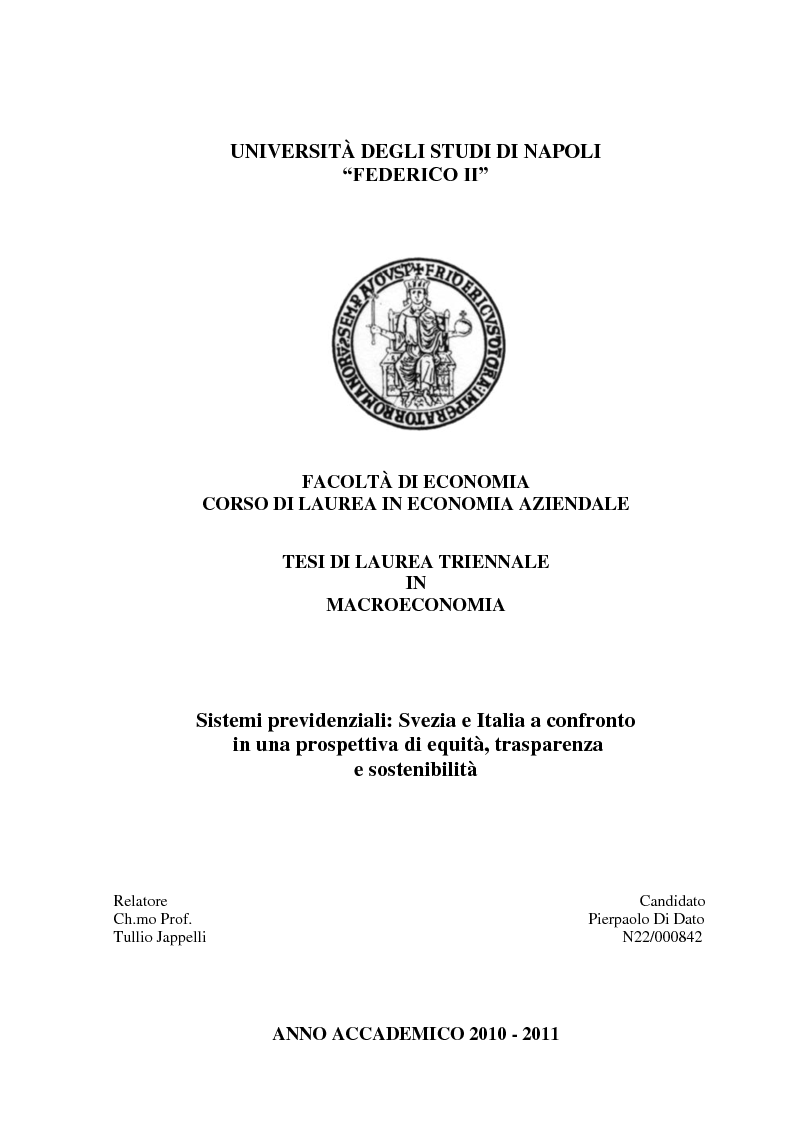 Anteprima della tesi: Sistemi previdenziali: Svezia e Italia a confronto in una prospettiva di equità, trasparenza e sostenibilità, Pagina 1