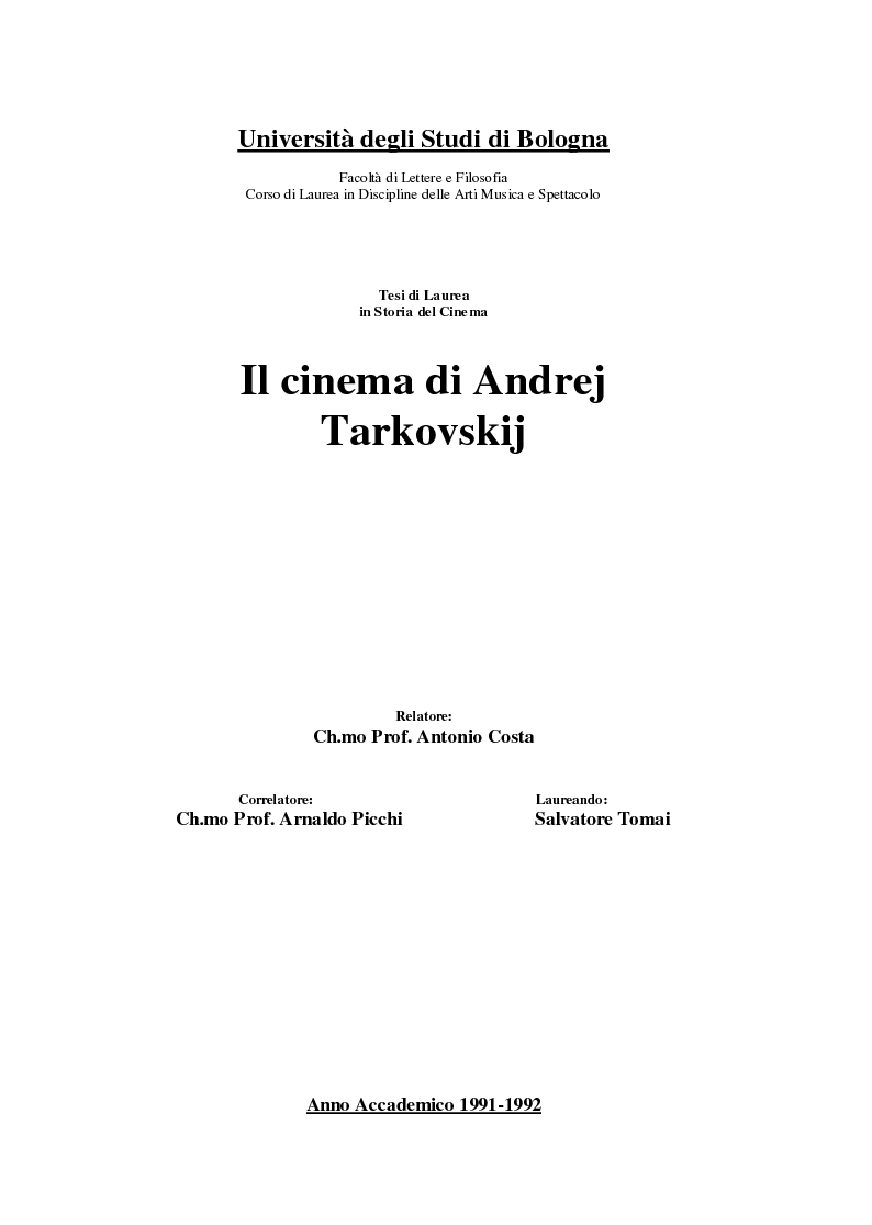 Anteprima della tesi: Il Cinema di Andrej Tarkovskij, Pagina 1