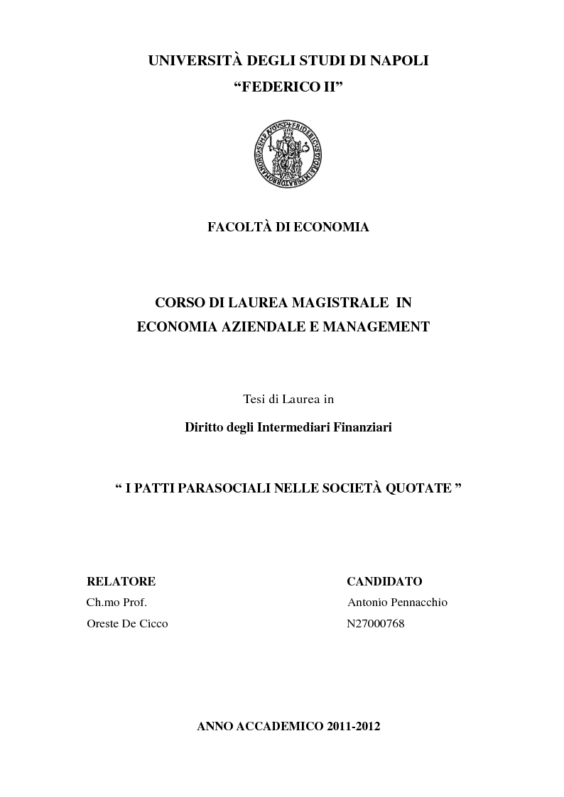 Anteprima della tesi: I patti parasociali nelle società quotate, Pagina 1