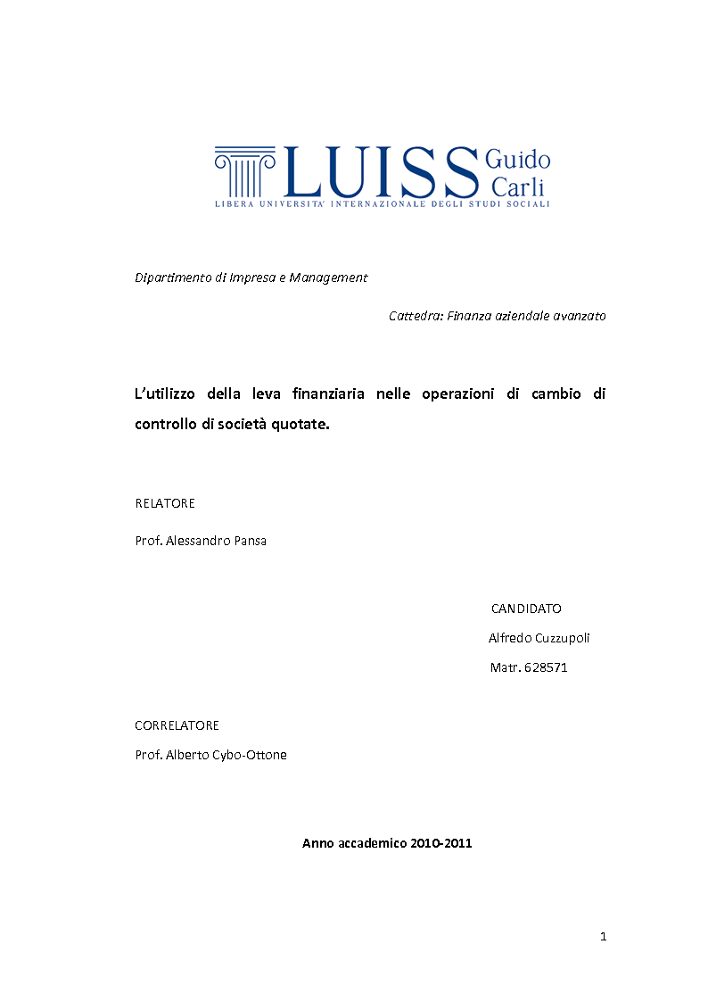 Anteprima della tesi: L’utilizzo della leva finanziaria nelle operazioni di cambio di controllo di società quotate., Pagina 1