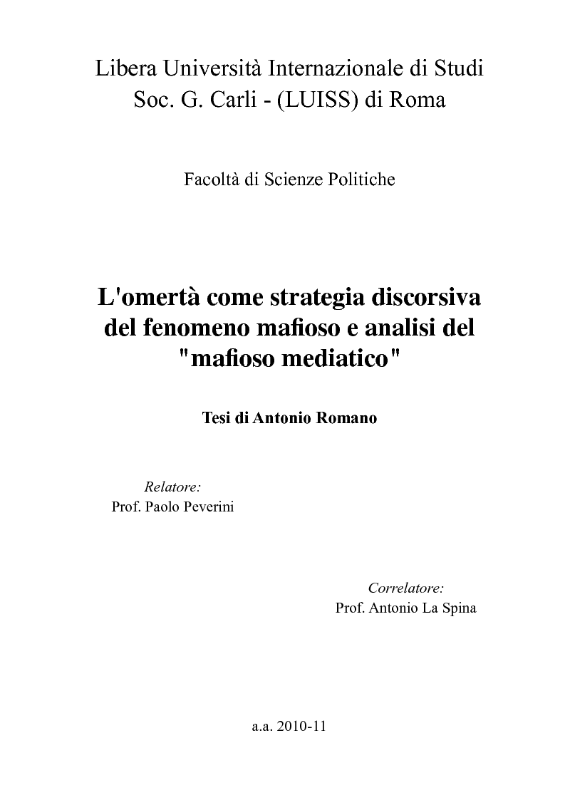 Anteprima della tesi: L'omertà come strategia discorsiva del fenomeno mafioso e analisi del "mafioso mediatico", Pagina 1