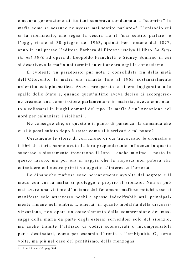 Anteprima della tesi: L'omertà come strategia discorsiva del fenomeno mafioso e analisi del "mafioso mediatico", Pagina 5