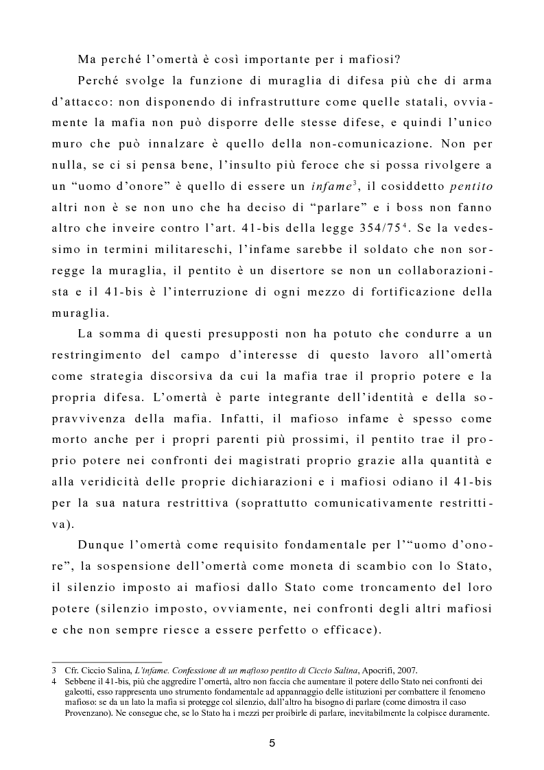 Anteprima della tesi: L'omertà come strategia discorsiva del fenomeno mafioso e analisi del "mafioso mediatico", Pagina 6