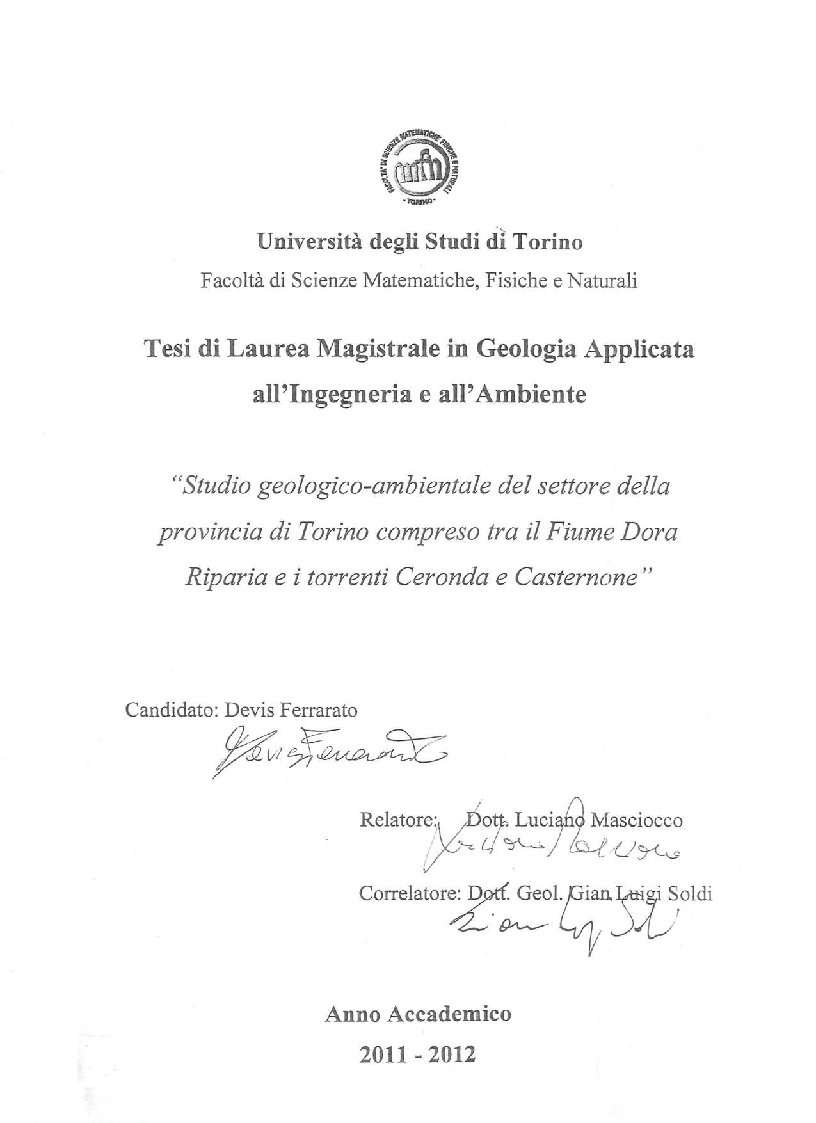 Anteprima della tesi: Studio geologico-ambientale del settore della provincia di Torino compreso tra il Fiume Dora Riparia e i torrenti Ceronda e Casternone, Pagina 1