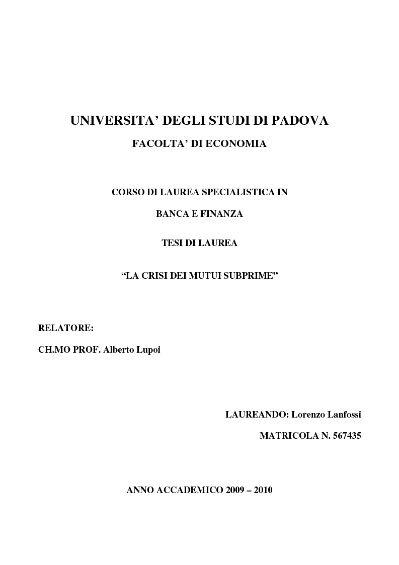 Anteprima della tesi: Mutui sub-prime e cartolarizzazione nella crisi finanziaria del 2007, Pagina 1