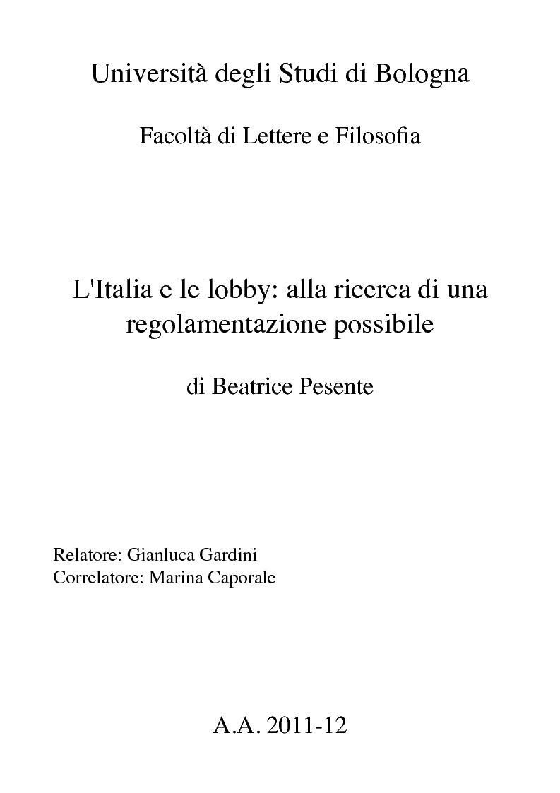 Anteprima della tesi: L'Italia e le lobby: alla ricerca di una regolamentazione possibile, Pagina 1