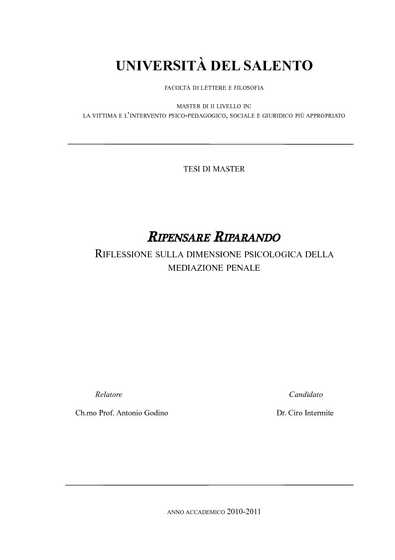 Anteprima della tesi: Ripensare Riparando. Riflessione sulla dimensione psicologica della mediazione penale., Pagina 1