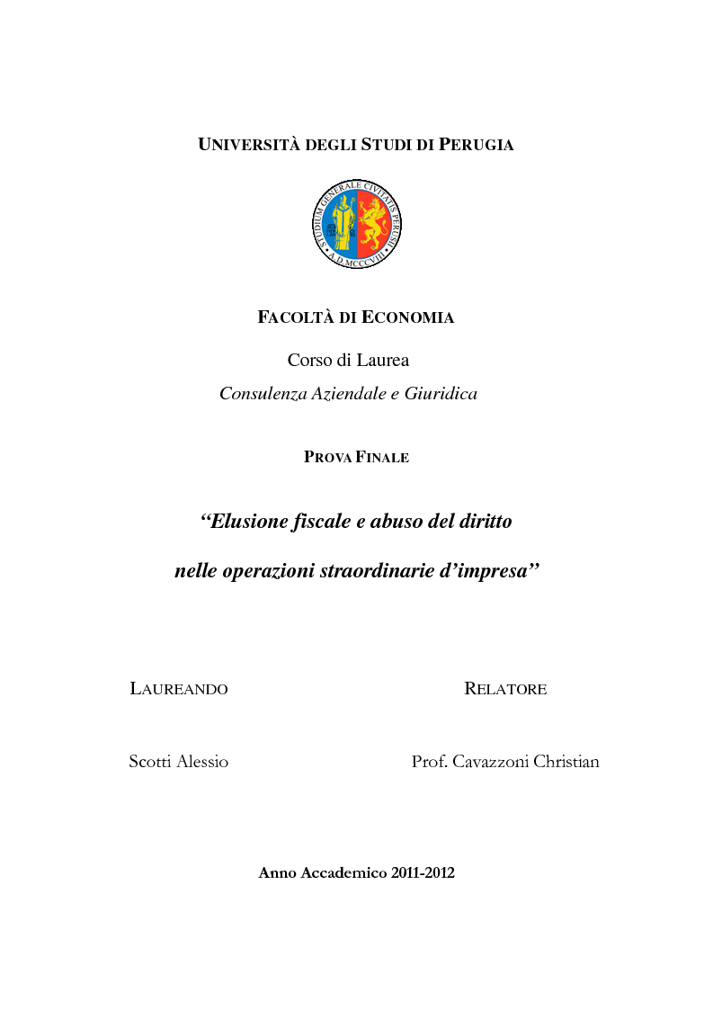 Anteprima della tesi: Elusione fiscale e abuso del diritto nelle operazioni straordinarie d'impresa, Pagina 1