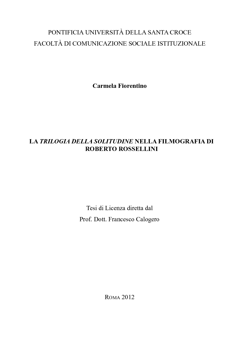Anteprima della tesi: La trilogia della solitudine nella filmografia di Roberto Rossellini, Pagina 1