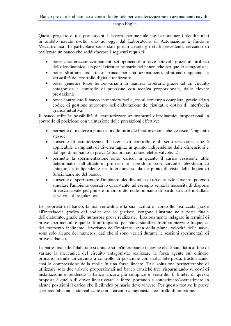 Anteprima della tesi: Progetto e realizzazione di un banco prova oleodinamico a controllo digitale per caratterizzazione di azionamenti navali, Pagina 3
