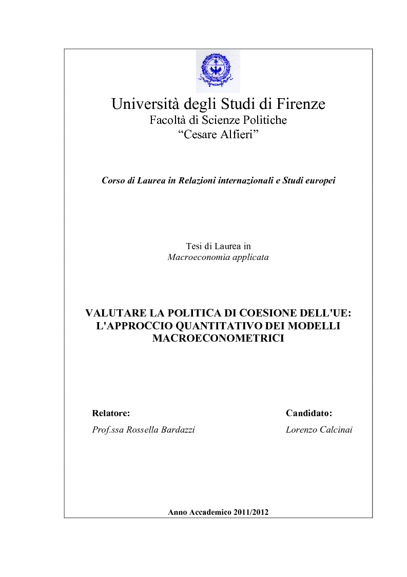Anteprima della tesi: Valutare la politica di coesione dell'UE: l'approccio quantitativo dei modelli macroeconomici, Pagina 1