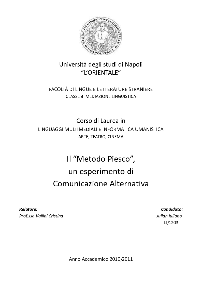 Anteprima della tesi: Il ''Metodo Piesco'', un esperimento di Comunicazione Alternativa, Pagina 1