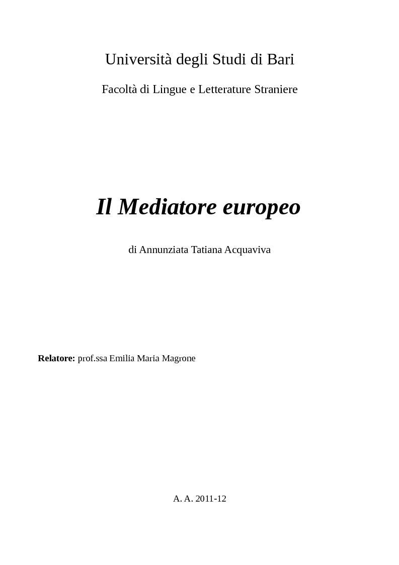 Anteprima della tesi: Il Mediatore europeo, Pagina 1