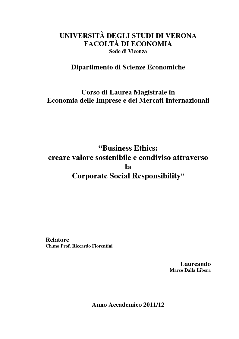 Anteprima della tesi: Business Ethics: creare valore sostenibile e condiviso attraverso la Corporate Social Responsibility, Pagina 1