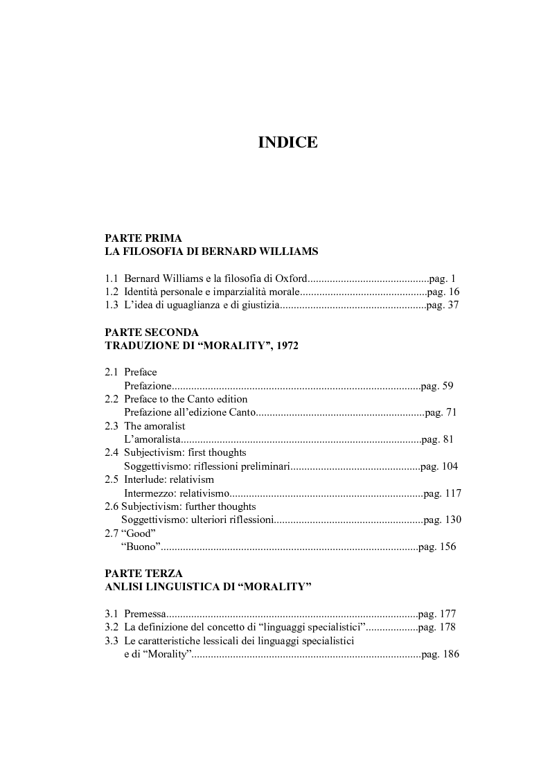 Indice della tesi: La concezione della morale di Bernard Williams; con un saggio di traduzione da “Morality”, 1972, Pagina 1