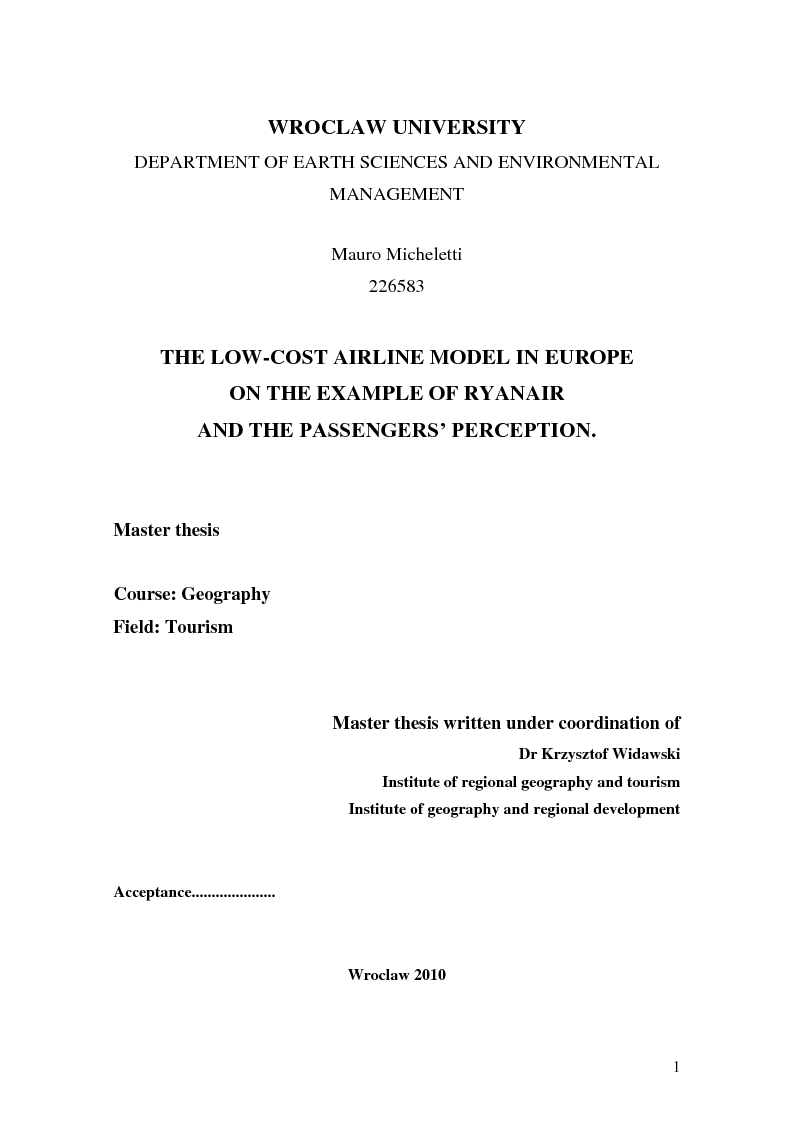 Anteprima della tesi: The low-cost airline model in Europe on the example of Ryanair and the passengers' perception, Pagina 1