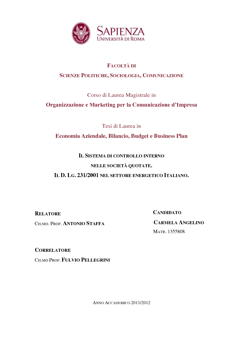 Anteprima della tesi: Il Sistema di controllo interno nelle società quotate. Il D. Lgs. 231/2001 nel settore energetico Italiano., Pagina 1