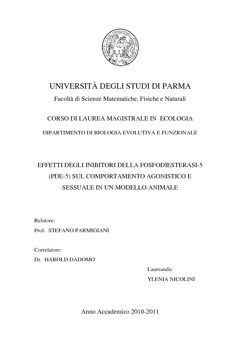 Anteprima della tesi: Effetti degli inibitori della fosfodiesterasi-5 (PDE-5) sul comportamento agonistico e sessuale in un modello animale, Pagina 1