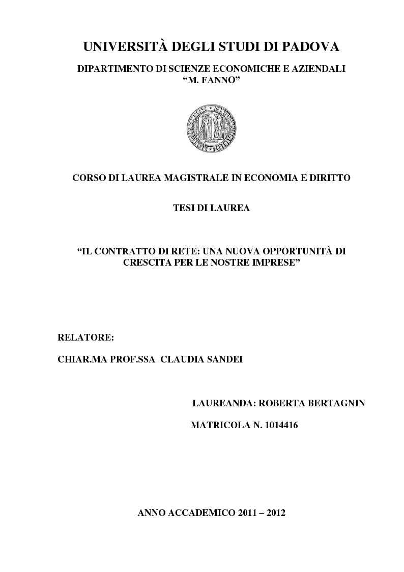 Anteprima della tesi: Il contratto di Rete: una nuova opportunità di crescita per le nostre imprese, Pagina 1