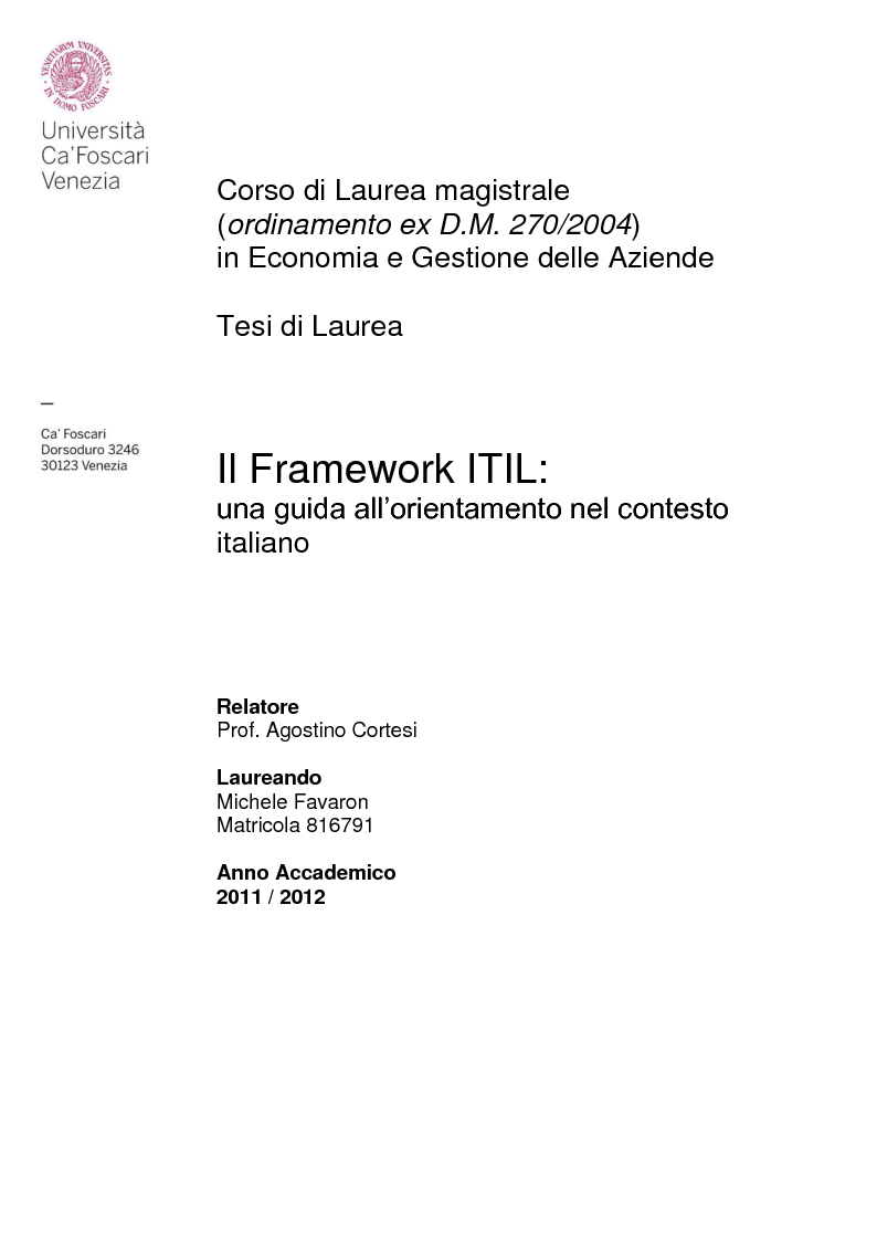 Anteprima della tesi: Il Framework ITIL: una guida all'orientamento nel contesto italiano, Pagina 1