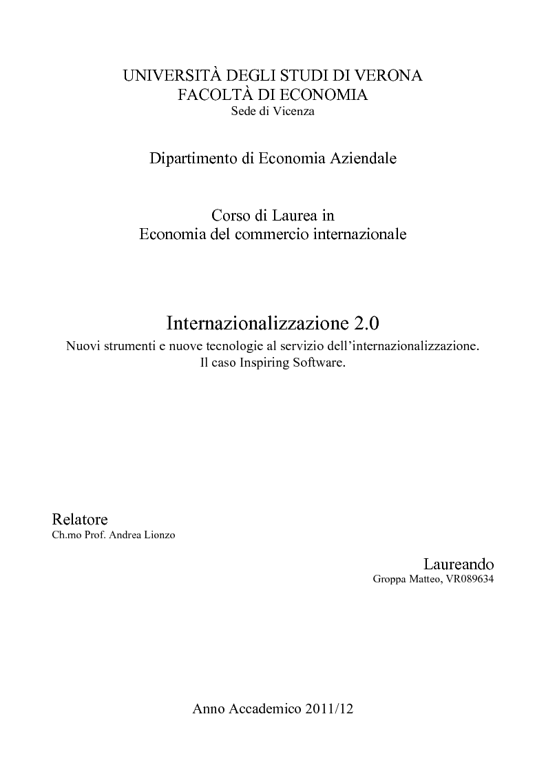 Anteprima della tesi: Internazionalizzazione 2.0: Web Marketing, Web Communication e Web Promotion al servizio delle PMI. Il caso Inspiring Software, Pagina 1